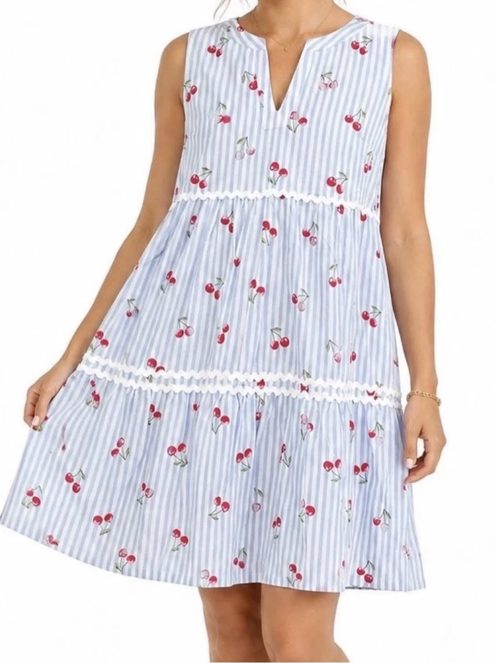 Rachel Zoe Blue & White Striped Cherry Print Tiered Dress/Tunic